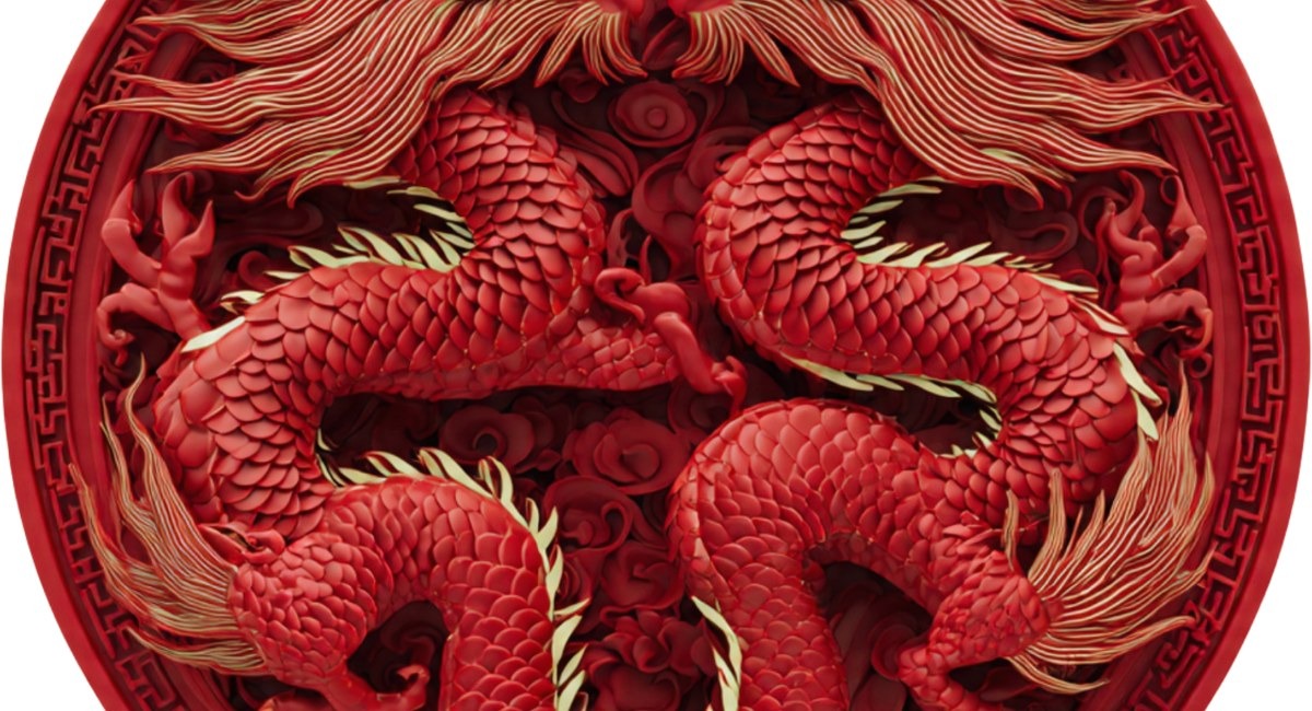 Illustration de dragon rouge et or sur fond sombre