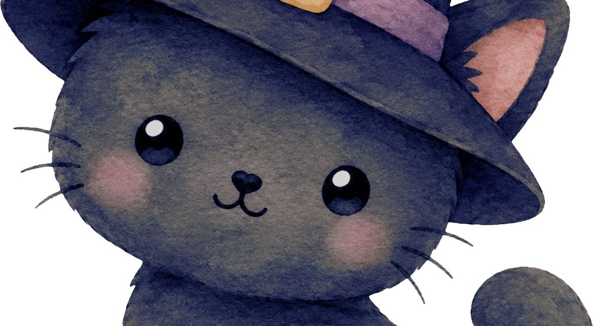 Chat noir illustré à l'aquarelle portant un chapeau pointu de sorcier