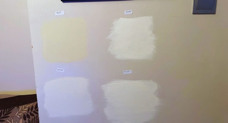 Plusieurs échantillons de couleur de peinture peints sur un mur avant de choisir