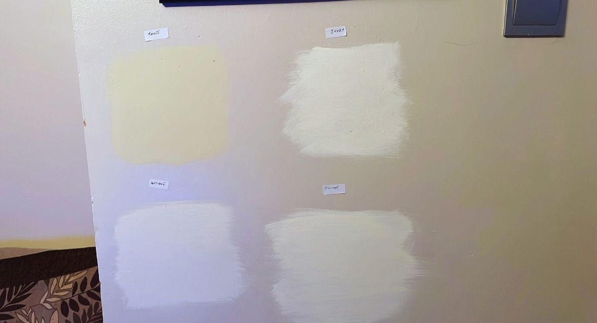 Plusieurs échantillons de couleur de peinture peints sur un mur avant de choisir
